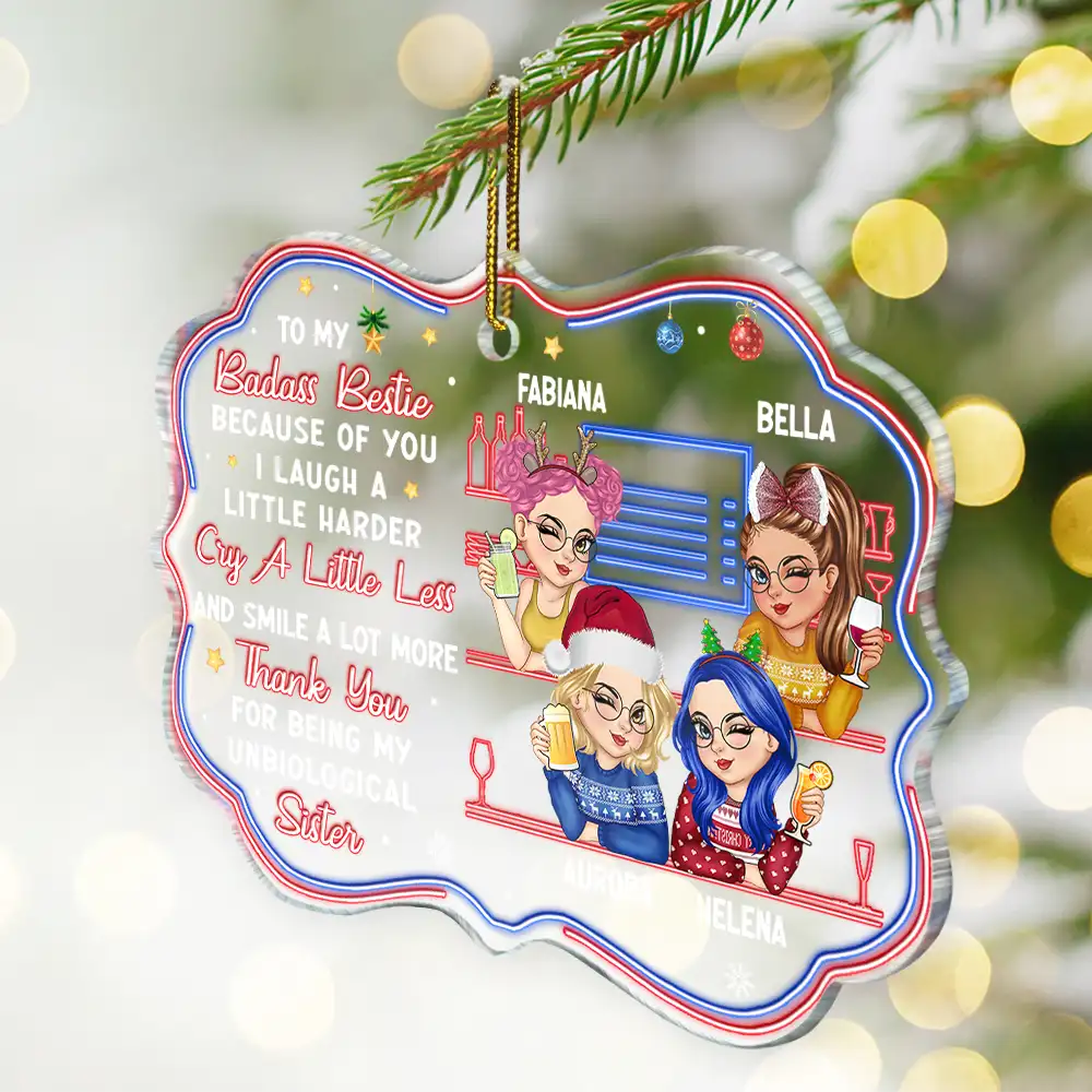 Because Of You I Laugh A Little Harder Christmas Best Friends - Personalized Medallion Acrylic Ornament - Image 2
