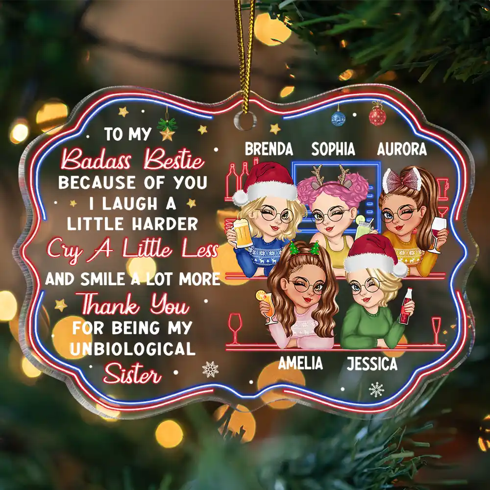 Because Of You I Laugh A Little Harder Christmas Best Friends - Personalized Medallion Acrylic Ornament - Image 3