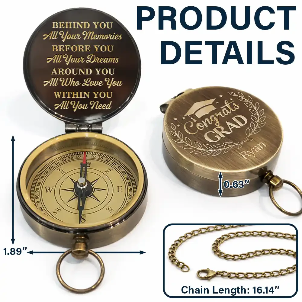 Behind You All Memories Congrats Grad - Personalized Engraved Brass Compass - Image 3