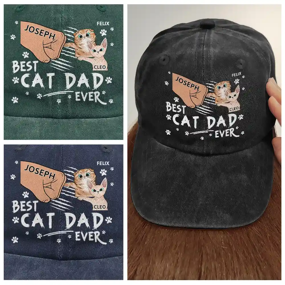 Best Cat Dad Ever - Personalized Vintage Washed Denim Cap - Image 4