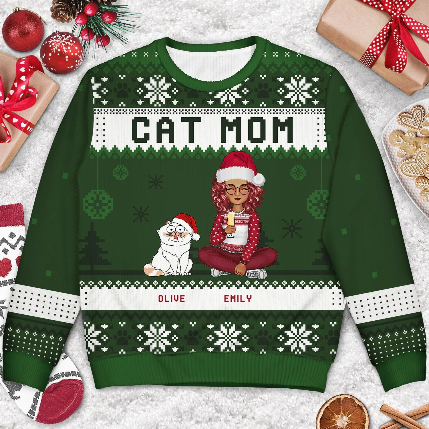 Best Cat Mom Ever Cartoon Style - Christmas Gift For Cat Lovers - Personalized Unisex Ugly Sweater - Image 3