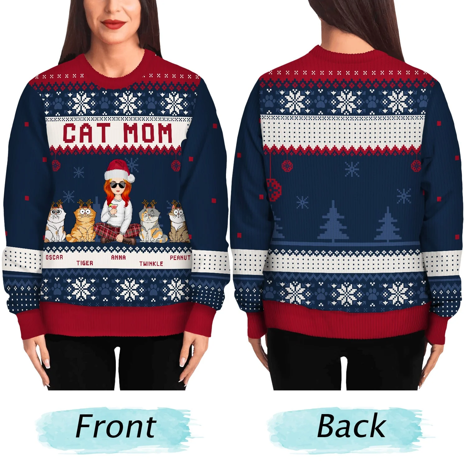 Best Cat Mom Ever Cartoon Style - Christmas Gift For Cat Lovers - Personalized Unisex Ugly Sweater - Image 5