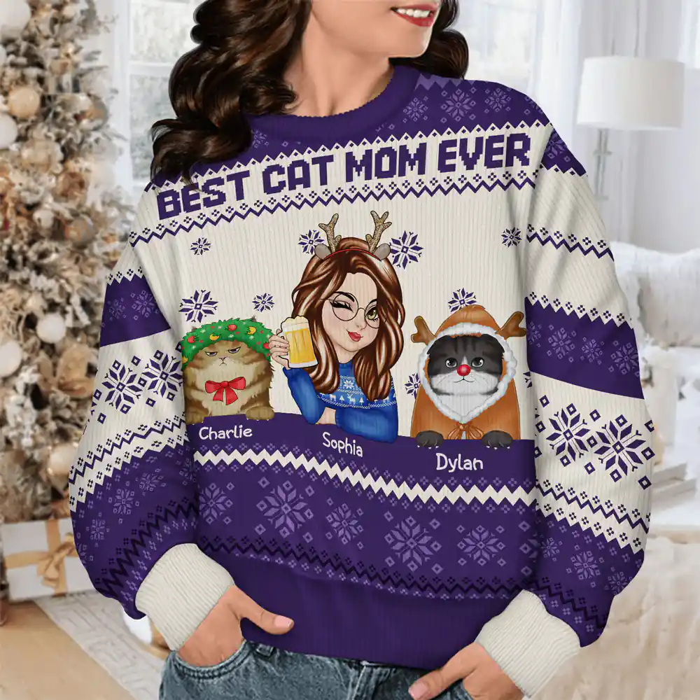 Best Cat Mom Ever Christmas - Personalized Unisex Ugly Sweater - Image 4