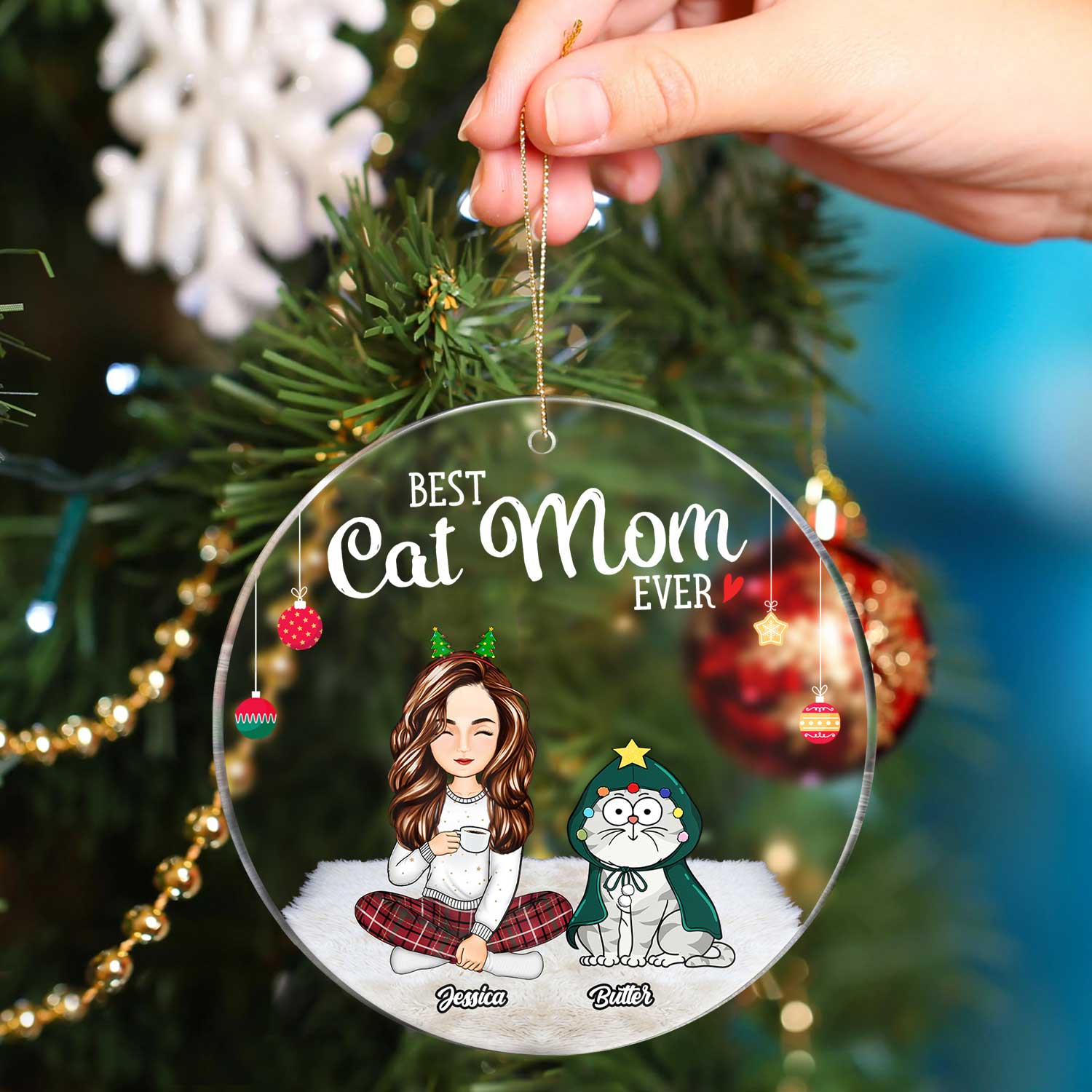 Best Cat Mom Ever Funny Cartoon Cats - Christmas Gift For Cat Lovers - Personalized Circle Acrylic Ornament - Image 4