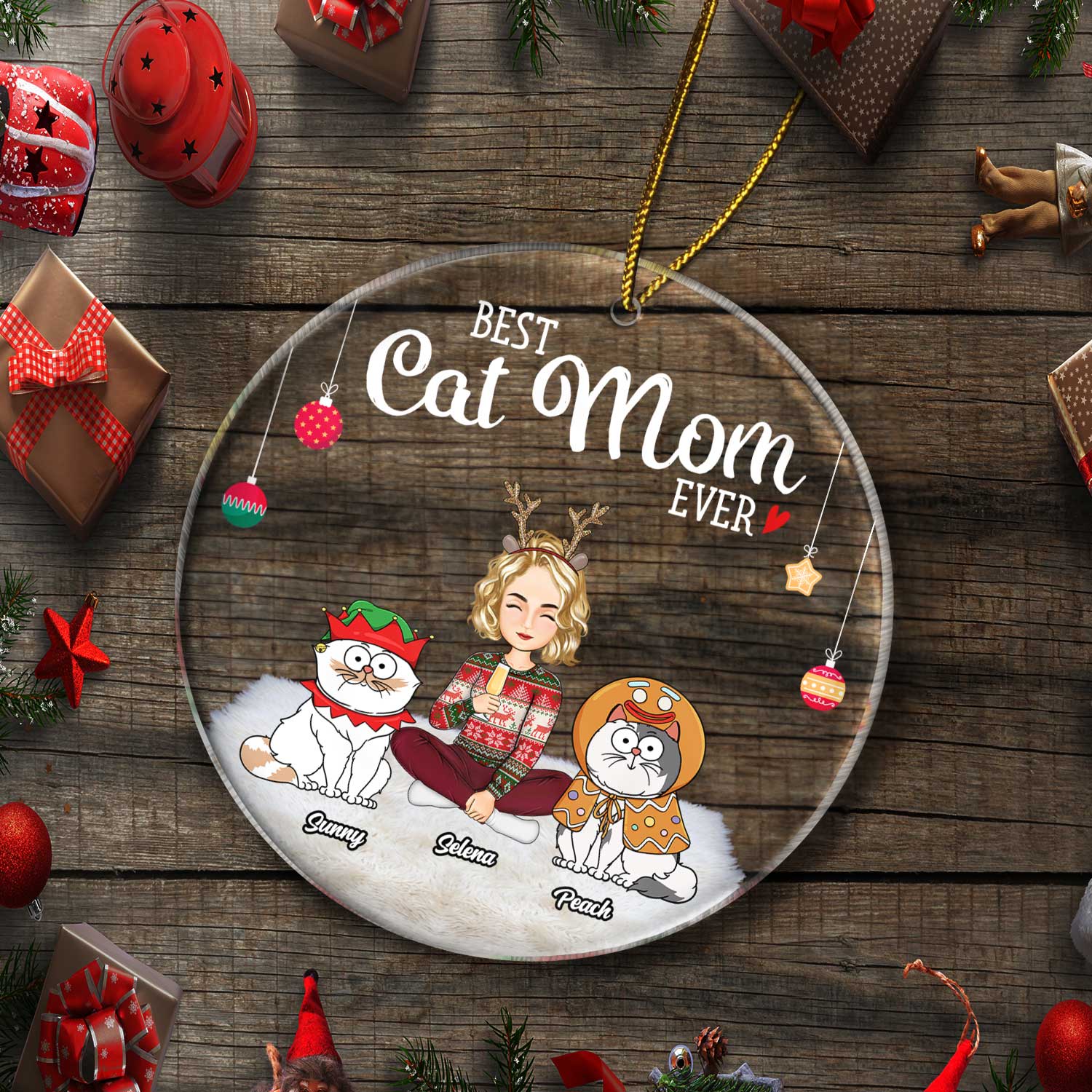 Best Cat Mom Ever Funny Cartoon Cats - Christmas Gift For Cat Lovers - Personalized Circle Acrylic Ornament - Image 5