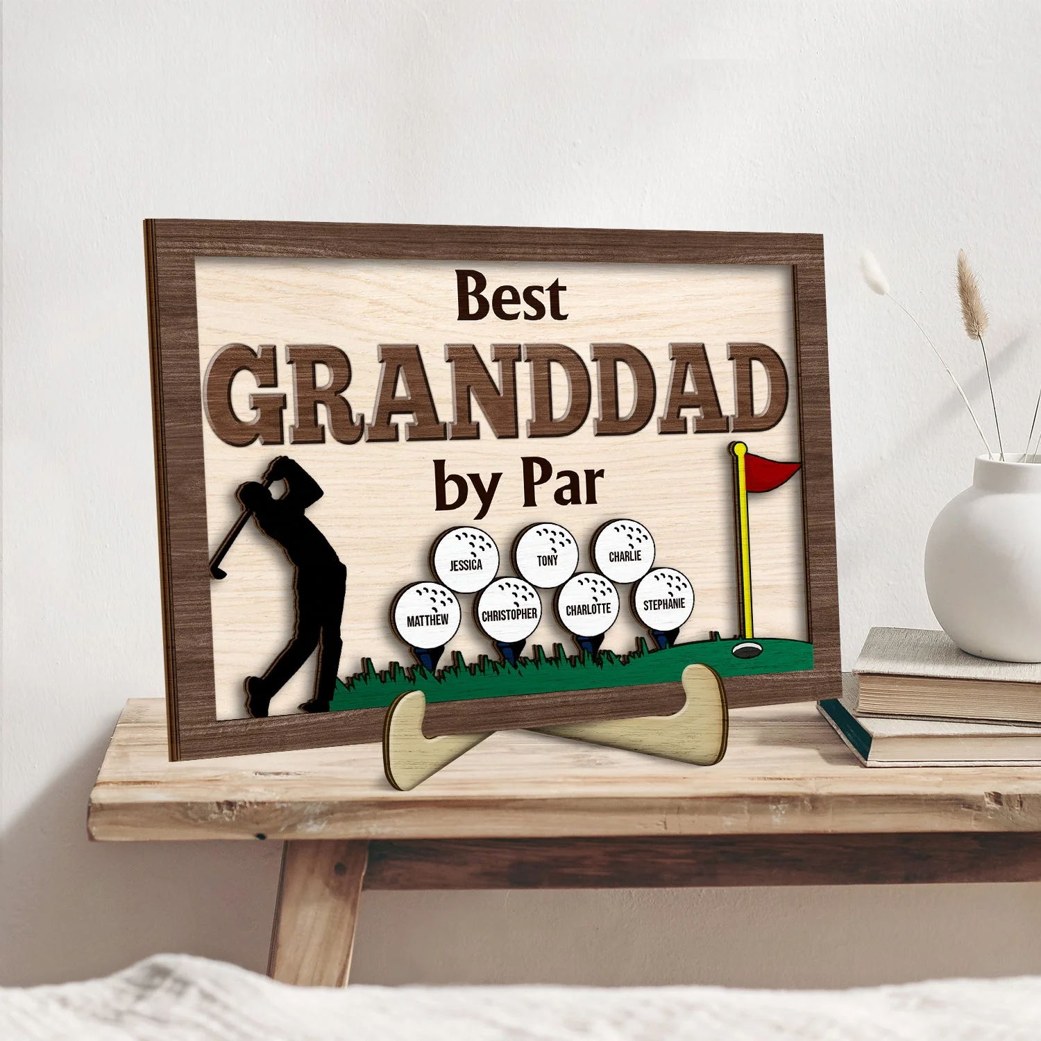 Best Dad By Par - Birthday, Loving Father Gift For Golf Lover, Golfer Papa - Personalized 2-Layered Wooden Plaque With Stand - Image 2