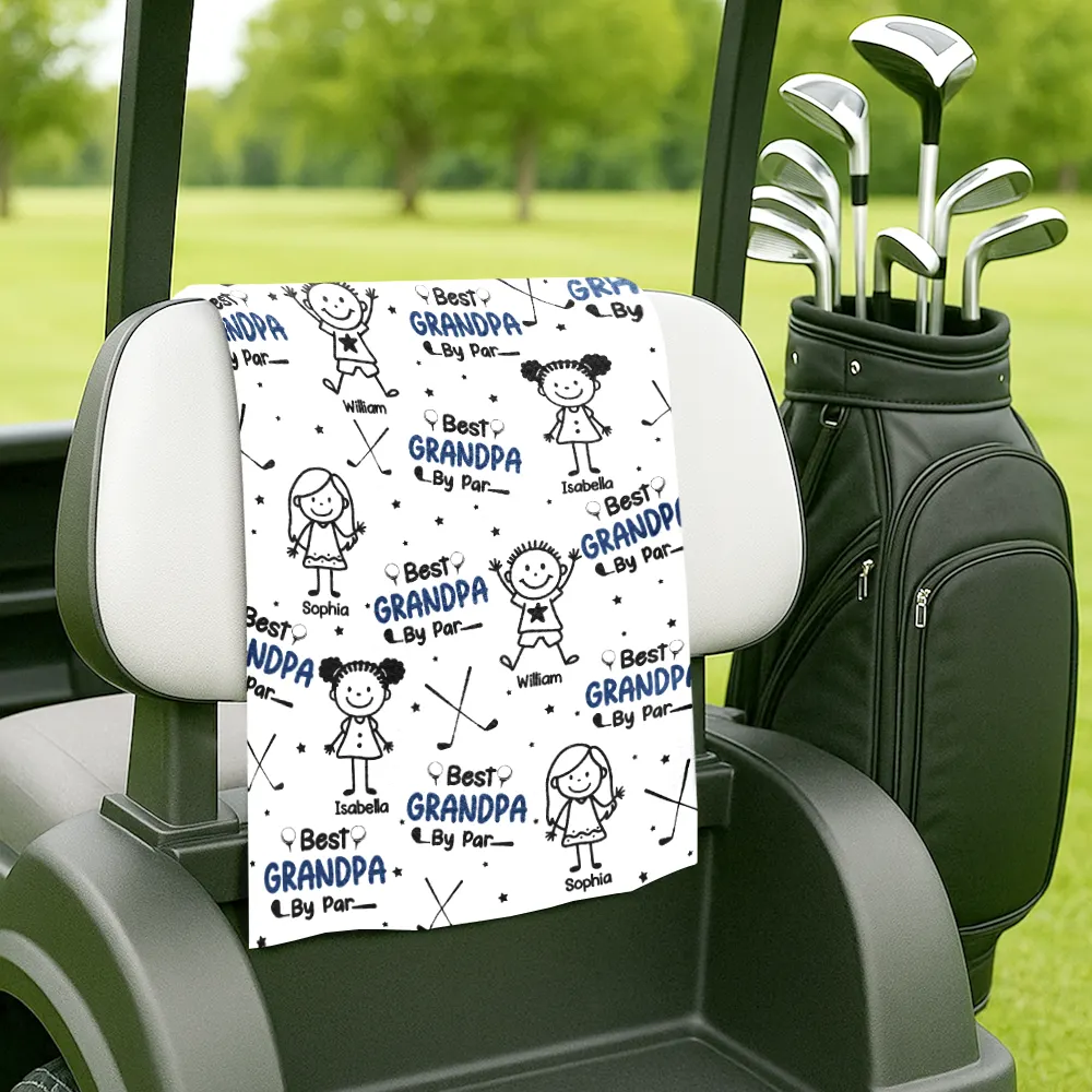 Best Dad By Par Stick Figures Kid & Pet - Personalized Golf Towel - Image 5