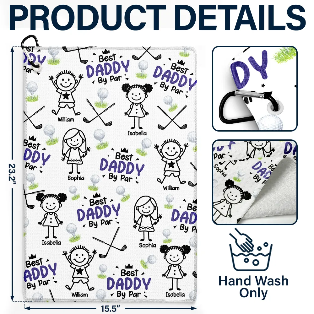 Best Dad By Par Stick Figures Kid Pet - Personalized Golf Towel - Image 4