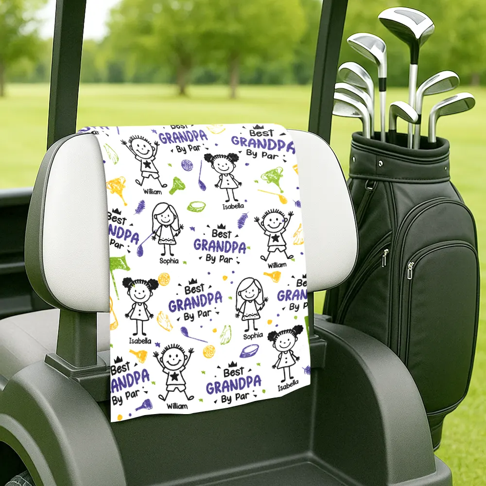 Best Dad By Par Stick Figures Kid Pet - Personalized Golf Towel - Image 5