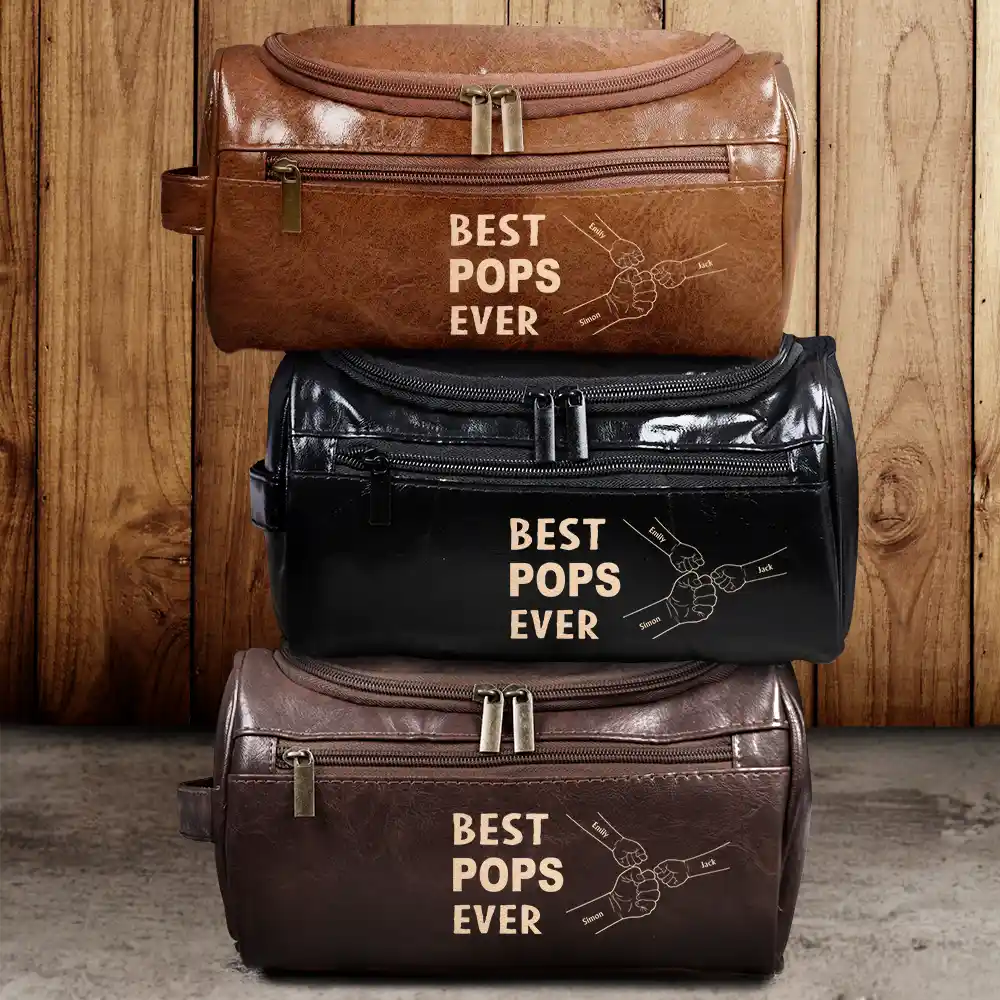 Best Dad Ever Fist Bump - Personalized Leather Toiletry Bag - Image 2