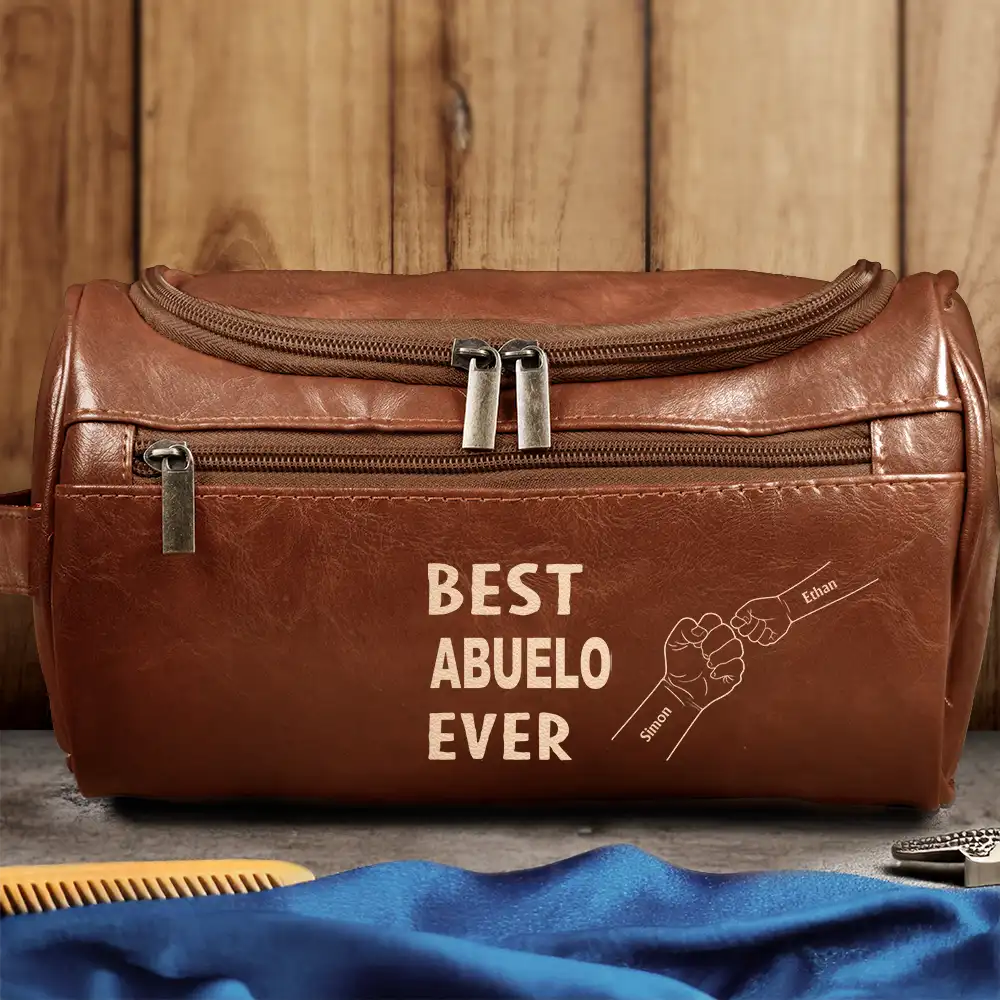Best Dad Ever Fist Bump - Personalized Leather Toiletry Bag - Image 3
