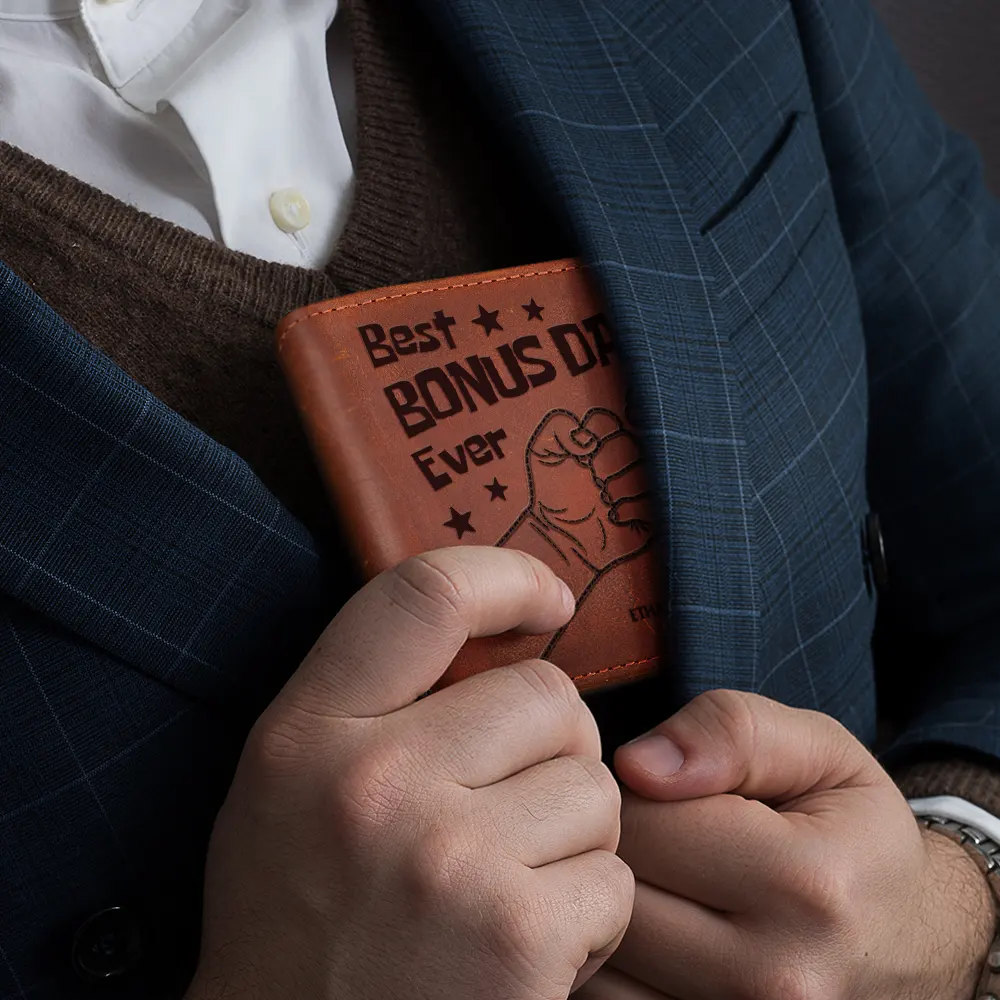 Best Dad Ever Fist Punch Faux-Stitched Effect - Personalized Leather Wallet - Image 4