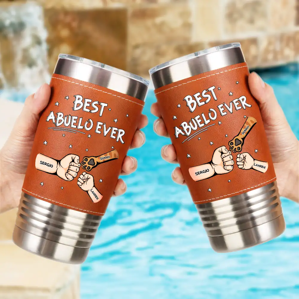Best Dad Ever Pet And Kid Hand Punch - Personalized Leather Tumbler - Image 2