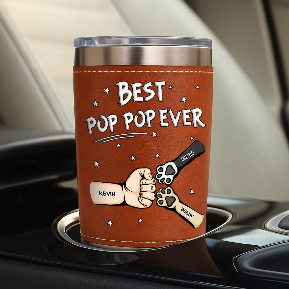 Best Dad Ever Pet And Kid Hand Punch - Personalized Leather Tumbler - Image 4
