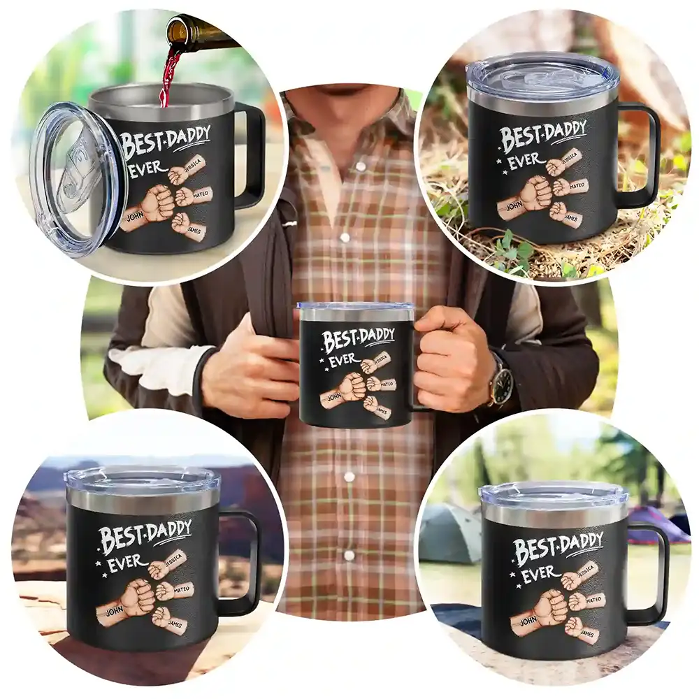 Best Dad Grandpa Ever Fist Bump - Personalized 14oz Stainless Steel Tumbler With Handle - Image 6