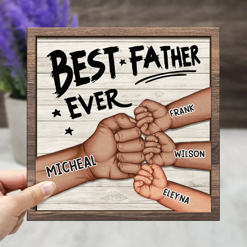 Best Dad Grandpa Ever Fist Bump - Personalized 2-Layered Wooden Plaque With Stand - Image 3