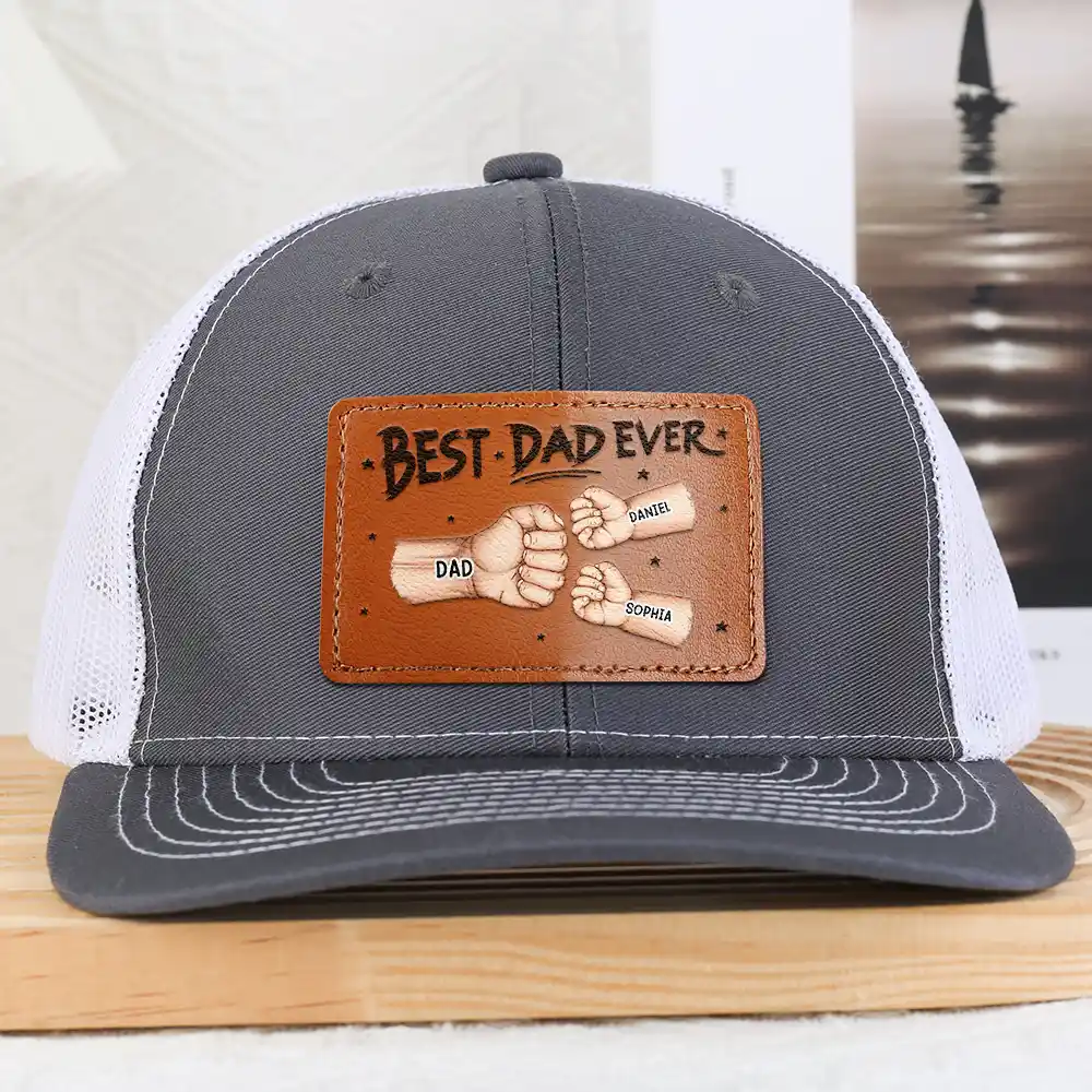 Best Dad Grandpa Ever Fist Bump - Personalized Leather Patch Hat - Image 2