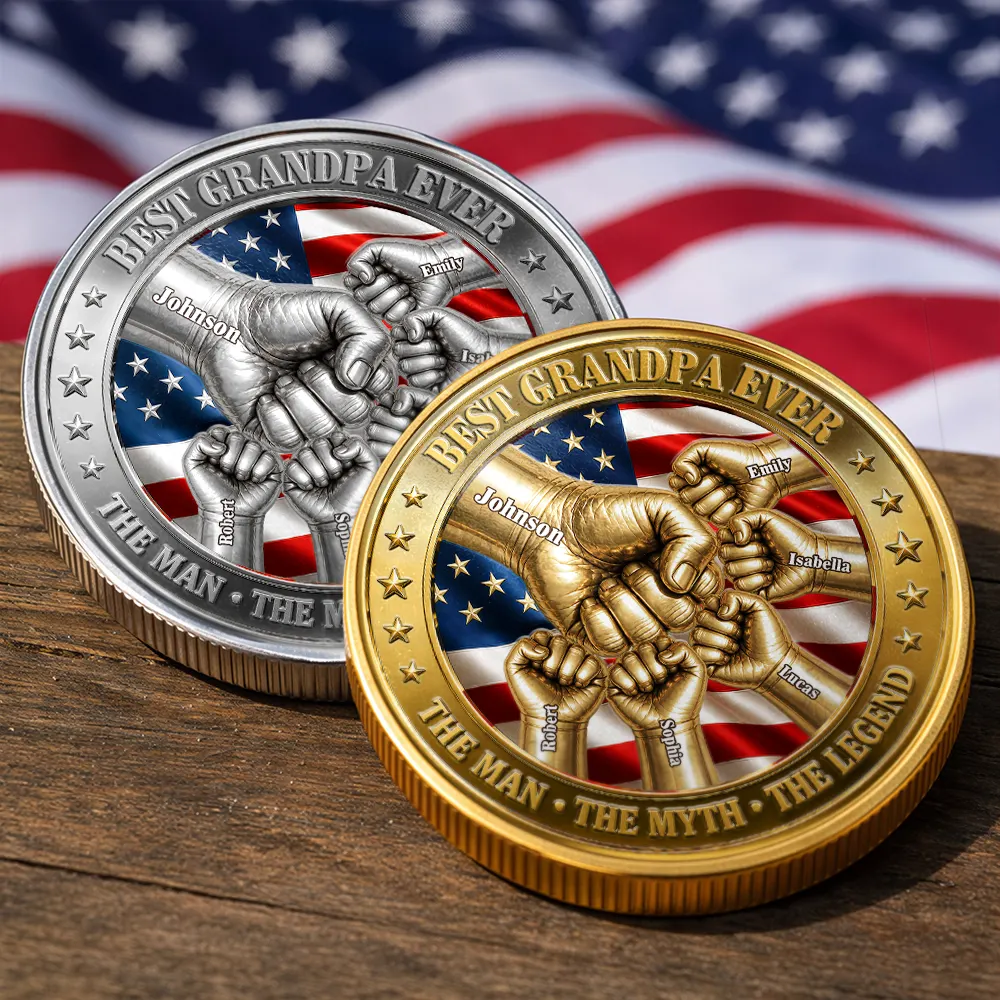 Best Dad Grandpa Ever Fist Bump With Kids - Personalized Coin - Image 5