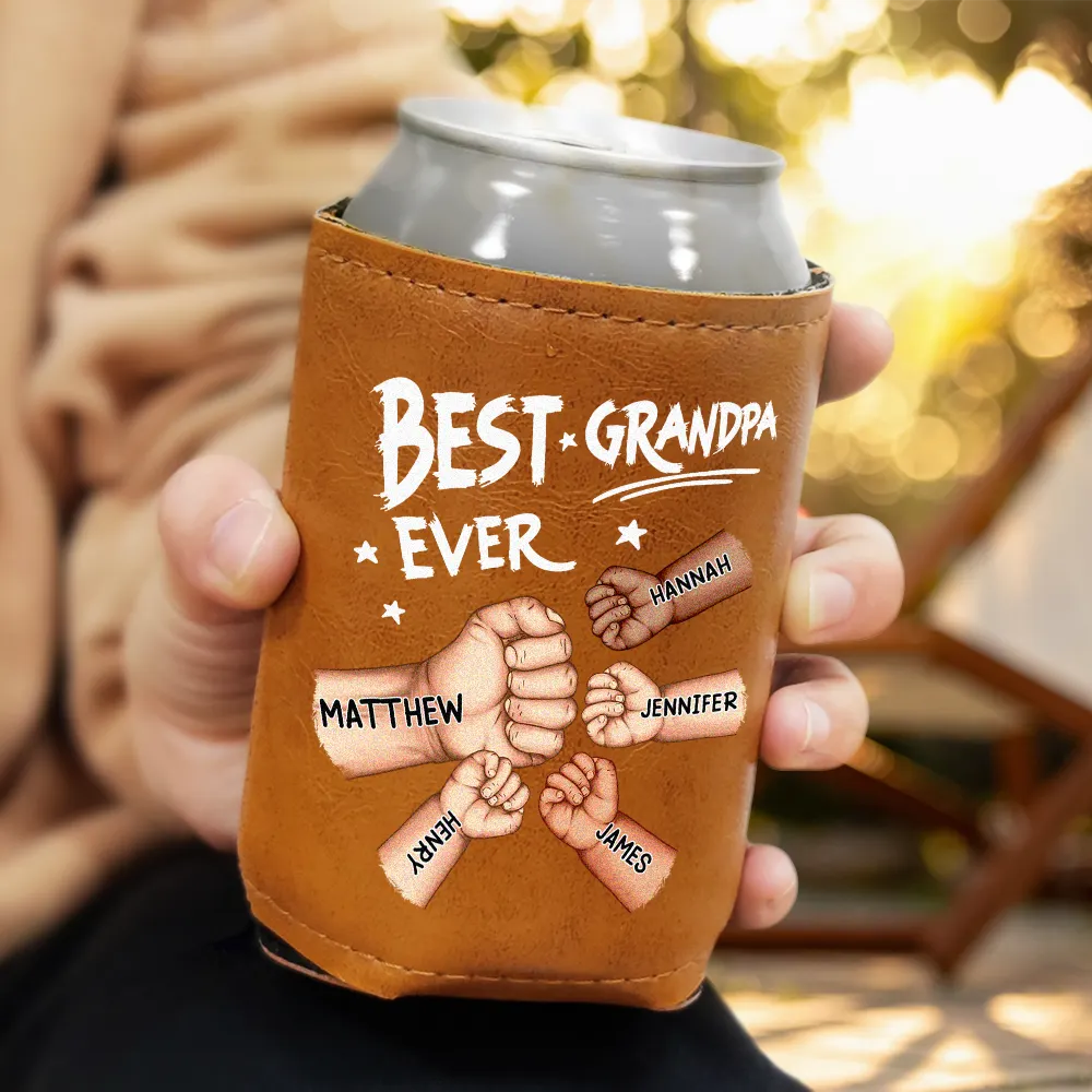 Best Dad Grandpa Ever - Personalized Leather Can Cooler - Image 3