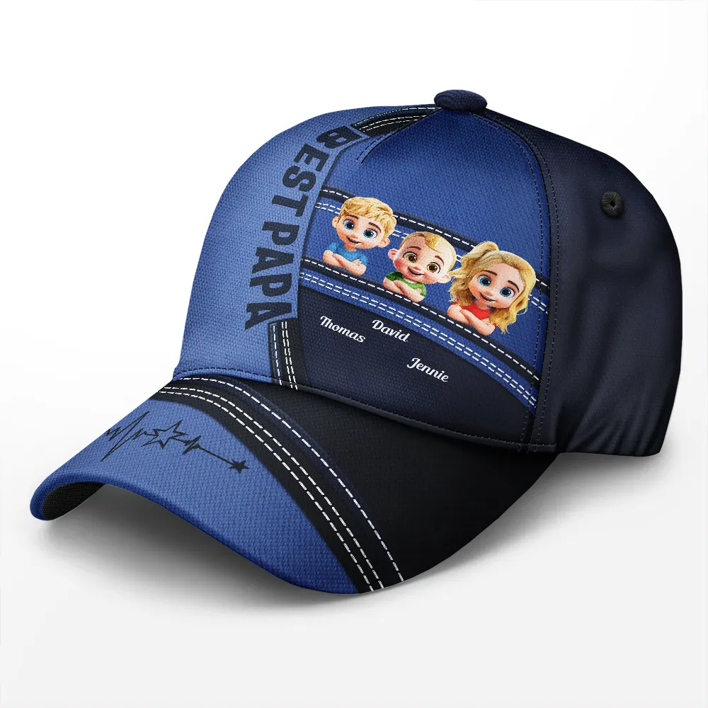 Best Dad Grandpa Papa Cute Kids Printed Leather Effect - Personalized Classic Cap - Image 2