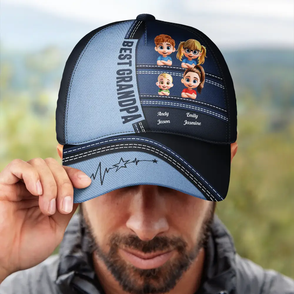 Best Dad Grandpa Papa Cute Kids Printed Leather Effect - Personalized Classic Cap - Image 4