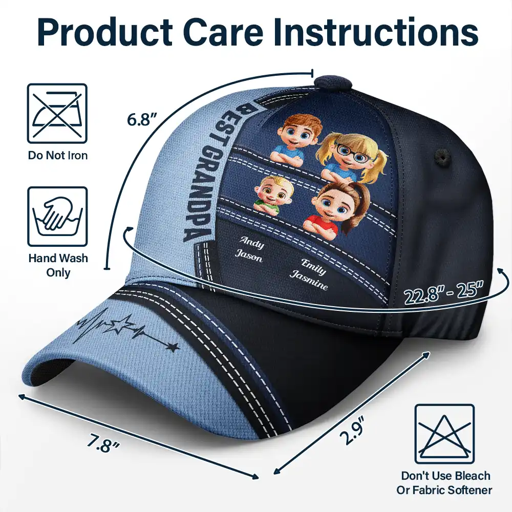 Best Dad Grandpa Papa Cute Kids Printed Leather Effect - Personalized Classic Cap - Image 6