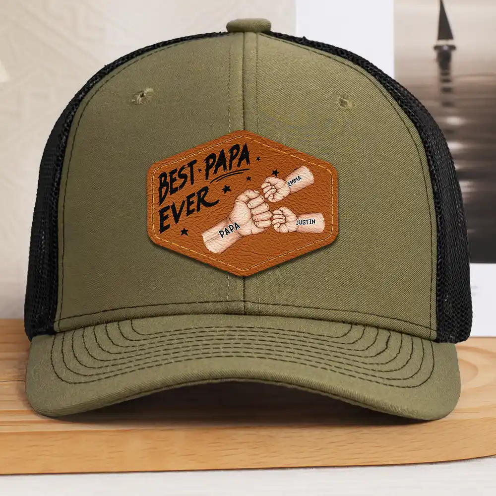 Best Dad Grandpa Papa Ever Fist Bump - Personalized Leather Patch Hat - Image 2