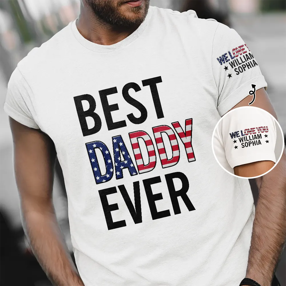 Best Dad Papa Ever Stars And Stripes With Names On Sleeves - Personalized T Shirt - Image 2