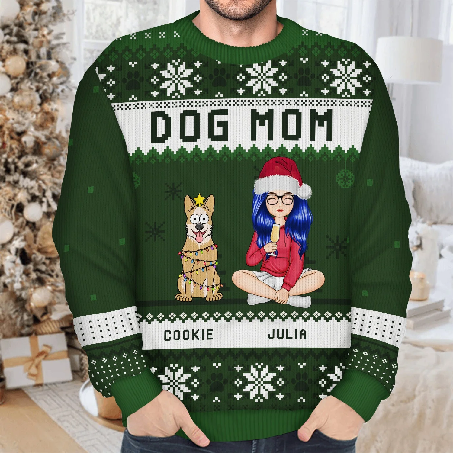 Best Dog Mom Ever Cartoon Style - Christmas Gift For Dog Lovers - Personalized Unisex Ugly Sweater - Image 4