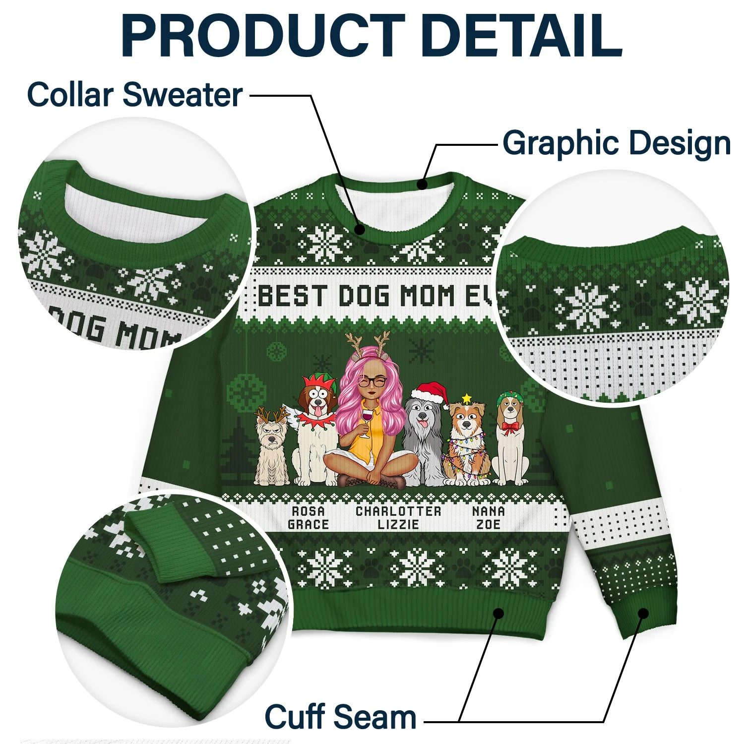 Best Dog Mom Ever Cartoon Style - Christmas Gift For Dog Lovers - Personalized Unisex Ugly Sweater - Image 6