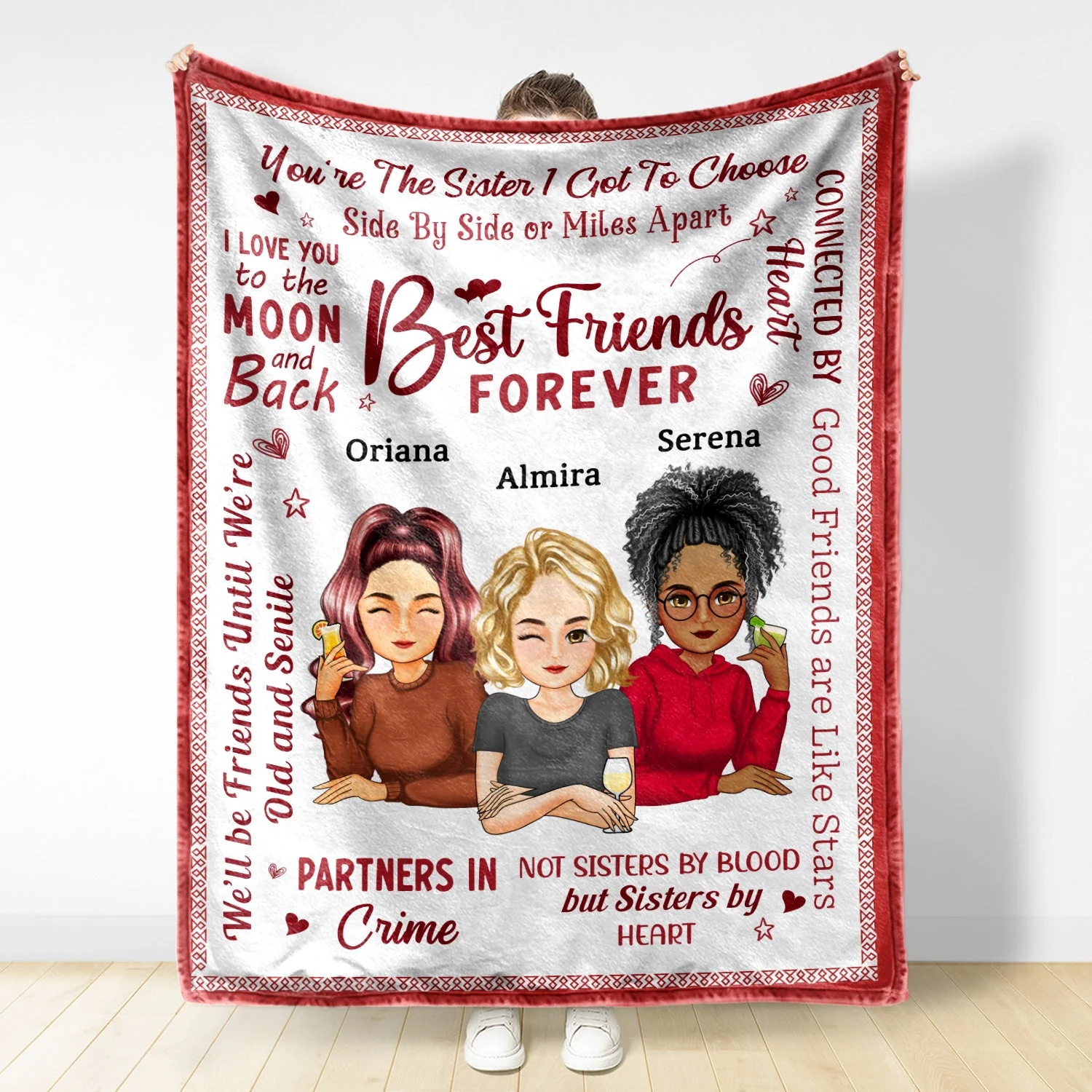 Best Friends Forever Connected By Heart Cartoon - Loving Gifts For Besties - Personalized Fleece Blanket - Image 3