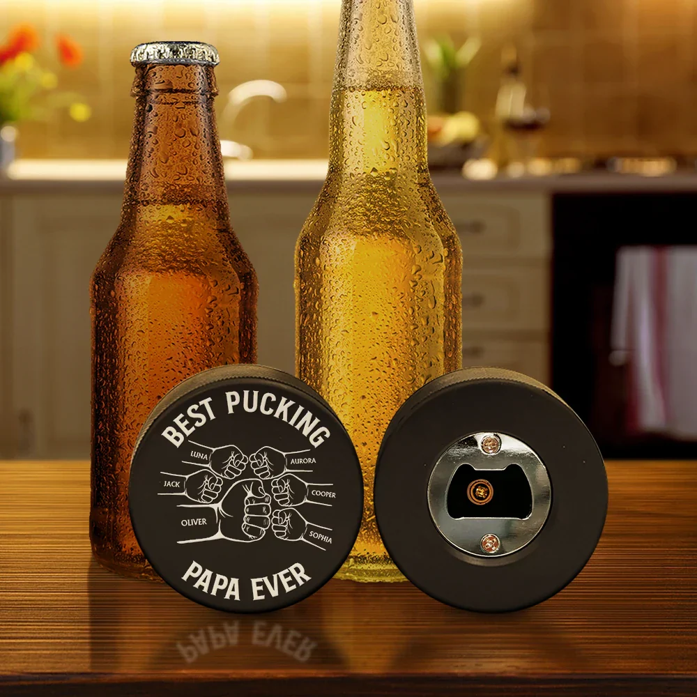 Best Pucking Dad Coach Ever - Personalized Hockey Puck Bottle Opener - Image 5