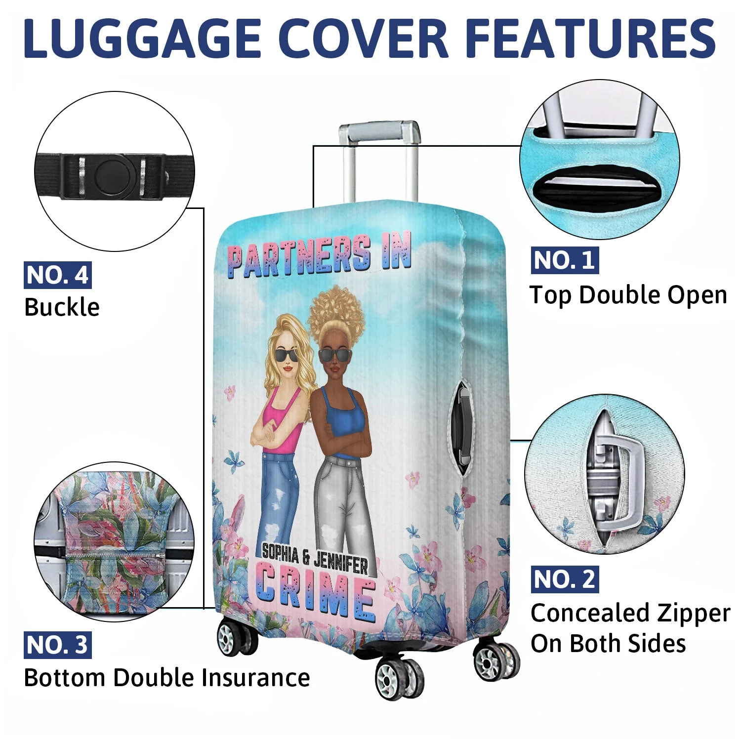 Bestie Floral Fashion Partners In Crime - Funny Gift For Bestie - Personalized Custom Luggage Cover - Image 4