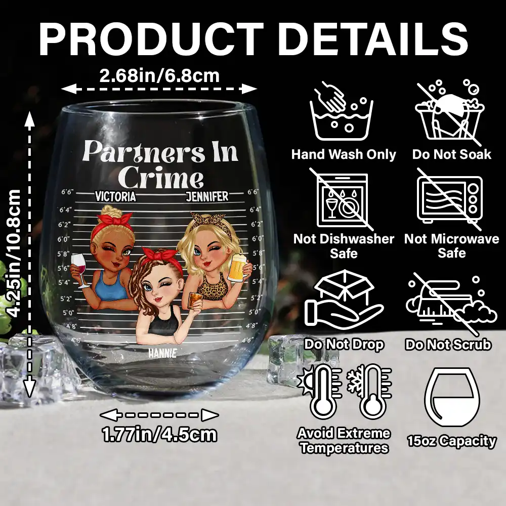 Bestie Partners In Crime - Personalized Stemless Wine Glass - Image 5