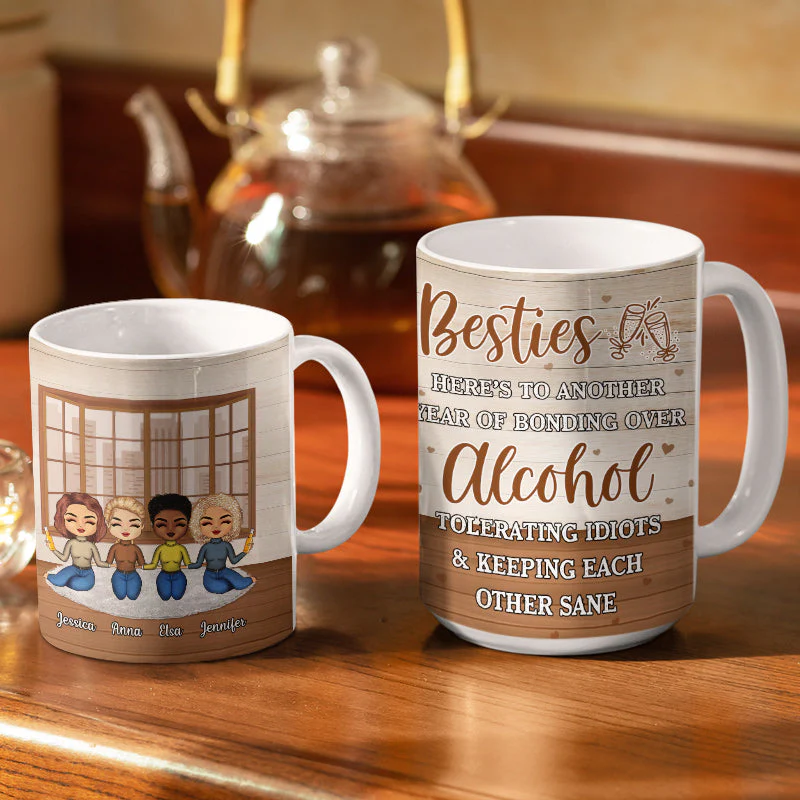 Besties Chibi Bonding Over Alcohol - Personalized Custom White Edge-to-Edge Mug - Image 3