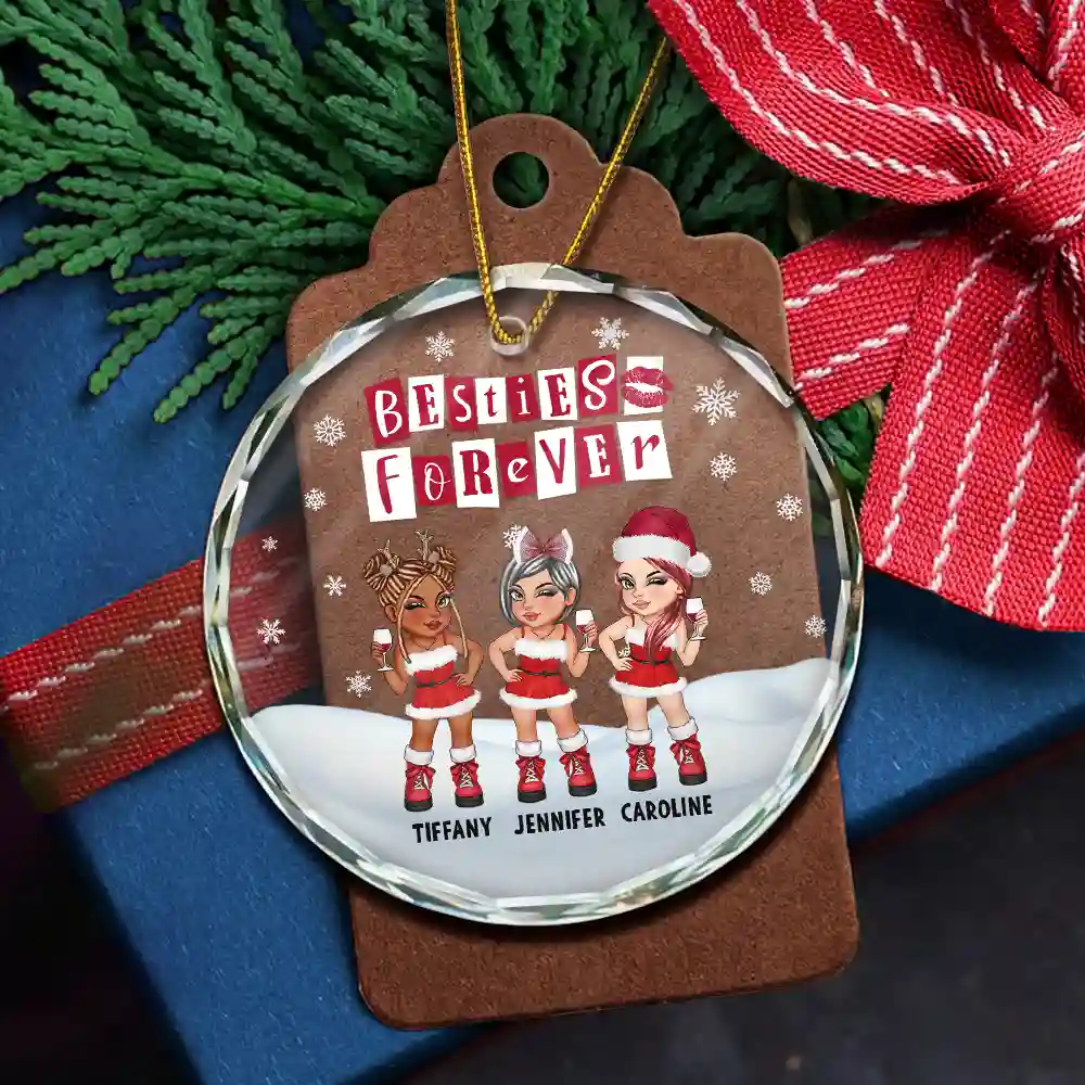 Besties Forever BFF Christmas - Personalized Circle Glass Ornament - Image 5