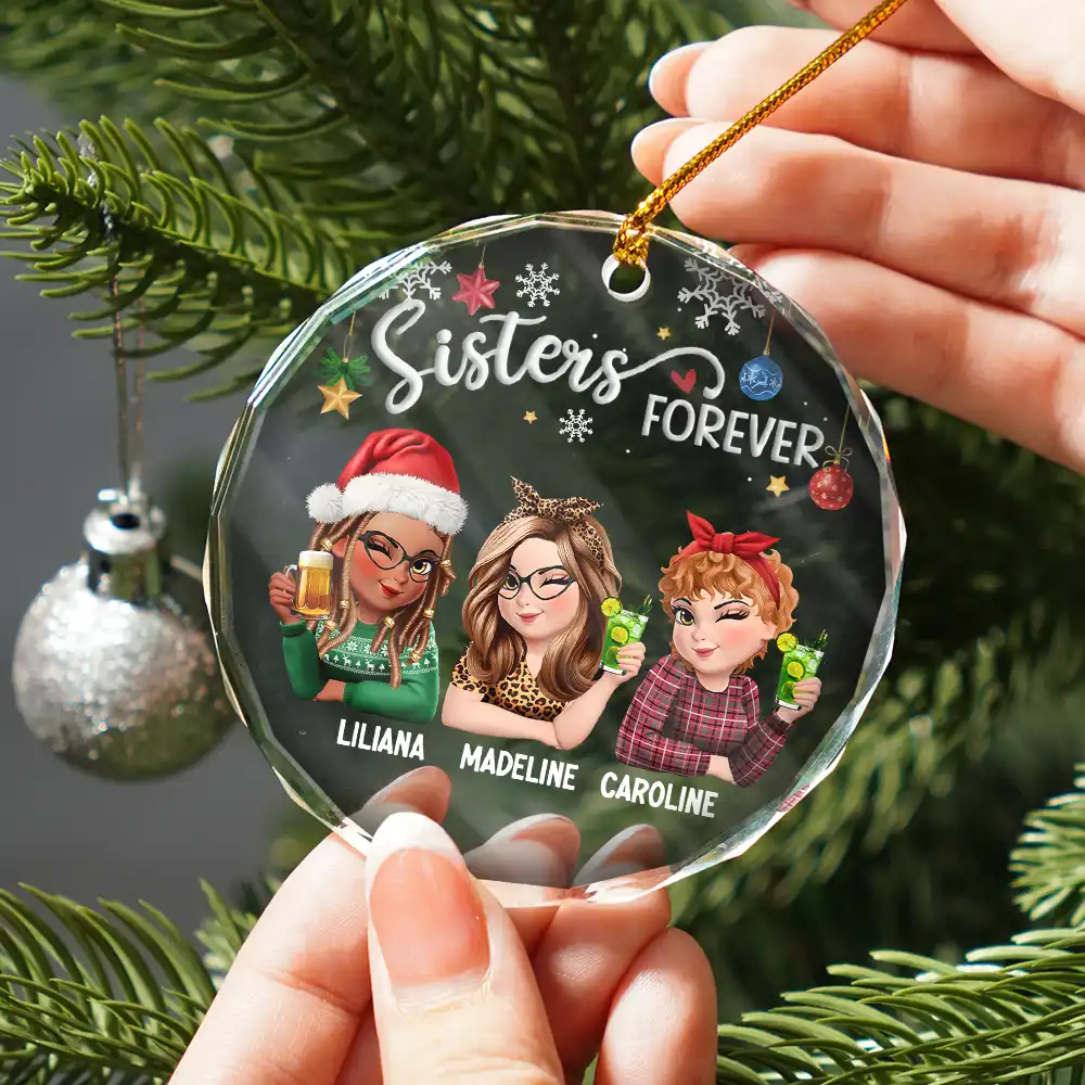 Besties Forever Christmas 3D Effect - Personalized Circle Glass Ornament - Image 2