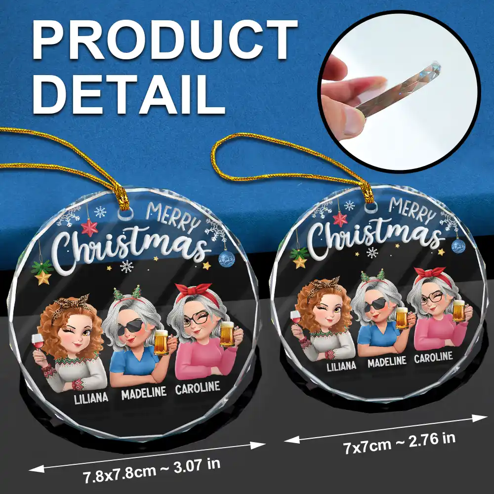 Besties Forever Christmas 3D Effect - Personalized Circle Glass Ornament - Image 6