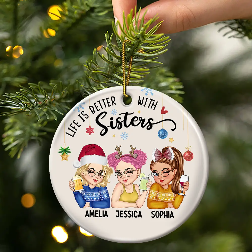 Besties Forever Christmas - Personalized Circle Ceramic Ornament - Image 3