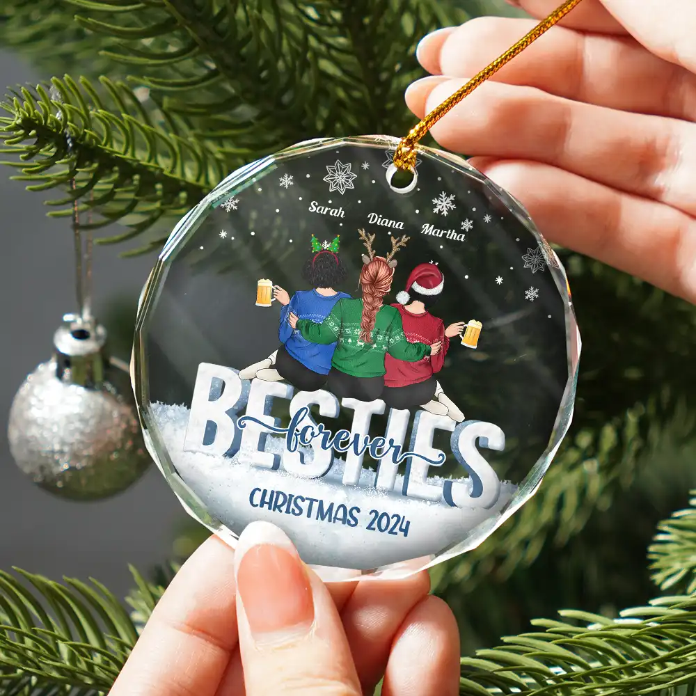 Besties Forever Christmas Sisters Backside - Personalized Circle Glass Ornament - Image 2