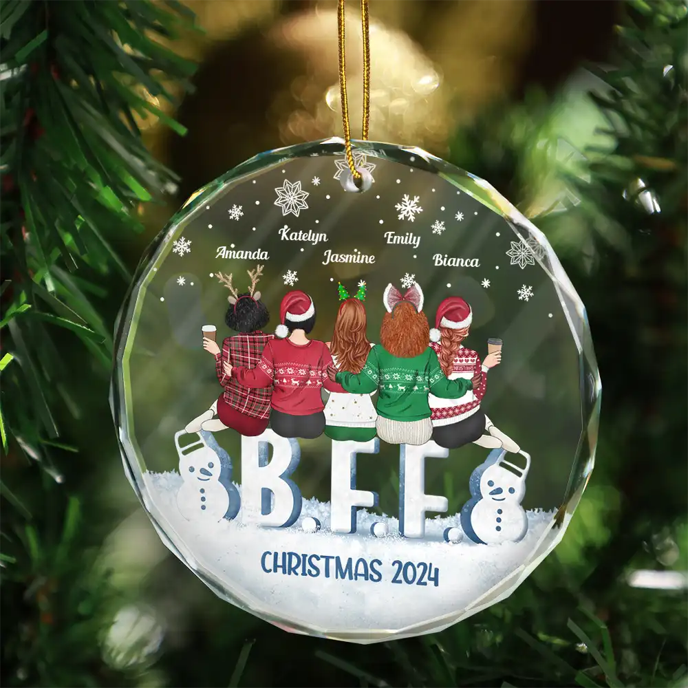 Besties Forever Christmas Sisters Backside - Personalized Circle Glass Ornament - Image 3