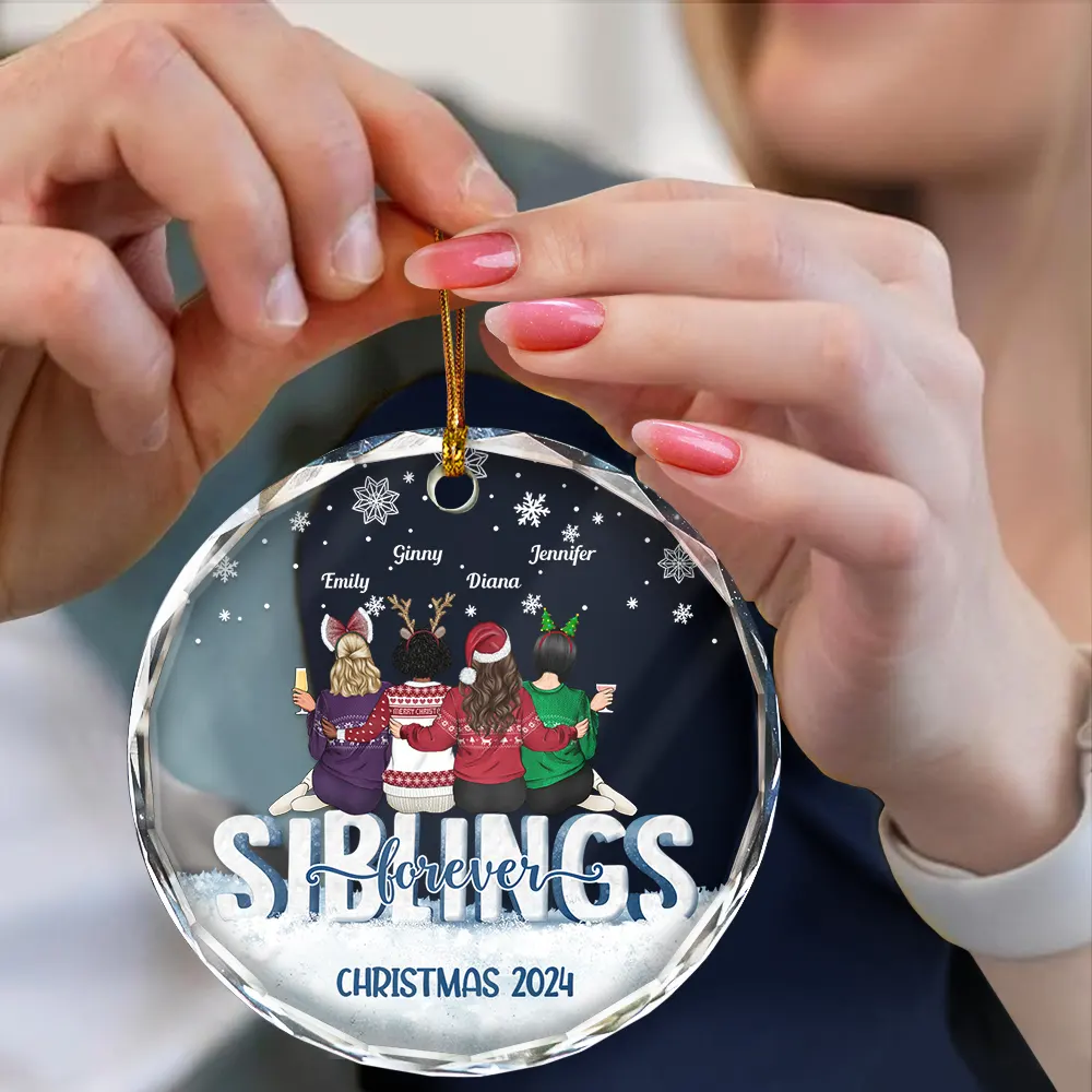Besties Forever Christmas Sisters Backside - Personalized Circle Glass Ornament - Image 4