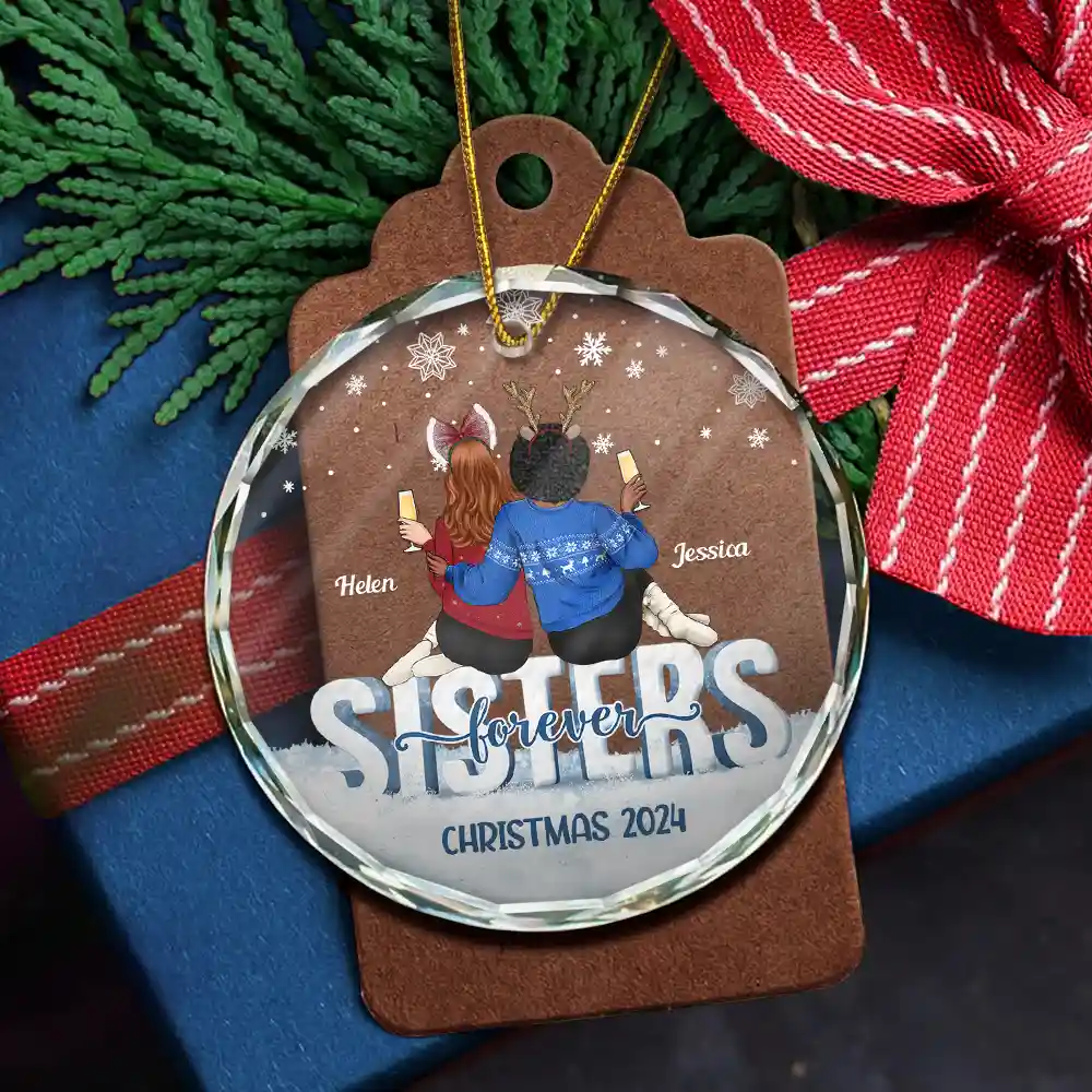 Besties Forever Christmas Sisters Backside - Personalized Circle Glass Ornament - Image 5