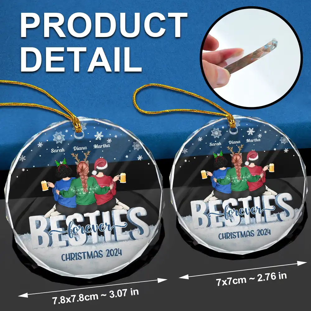 Besties Forever Christmas Sisters Backside - Personalized Circle Glass Ornament - Image 6