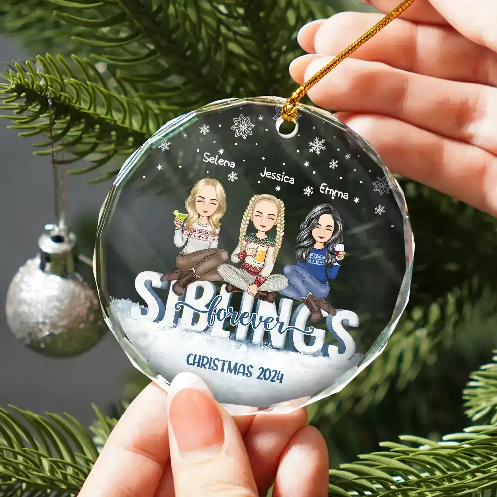Besties Forever Christmas Sisters Cartoon - Personalized Circle Glass Ornament - Image 2