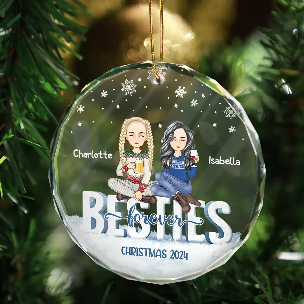 Besties Forever Christmas Sisters Cartoon - Personalized Circle Glass Ornament - Image 3