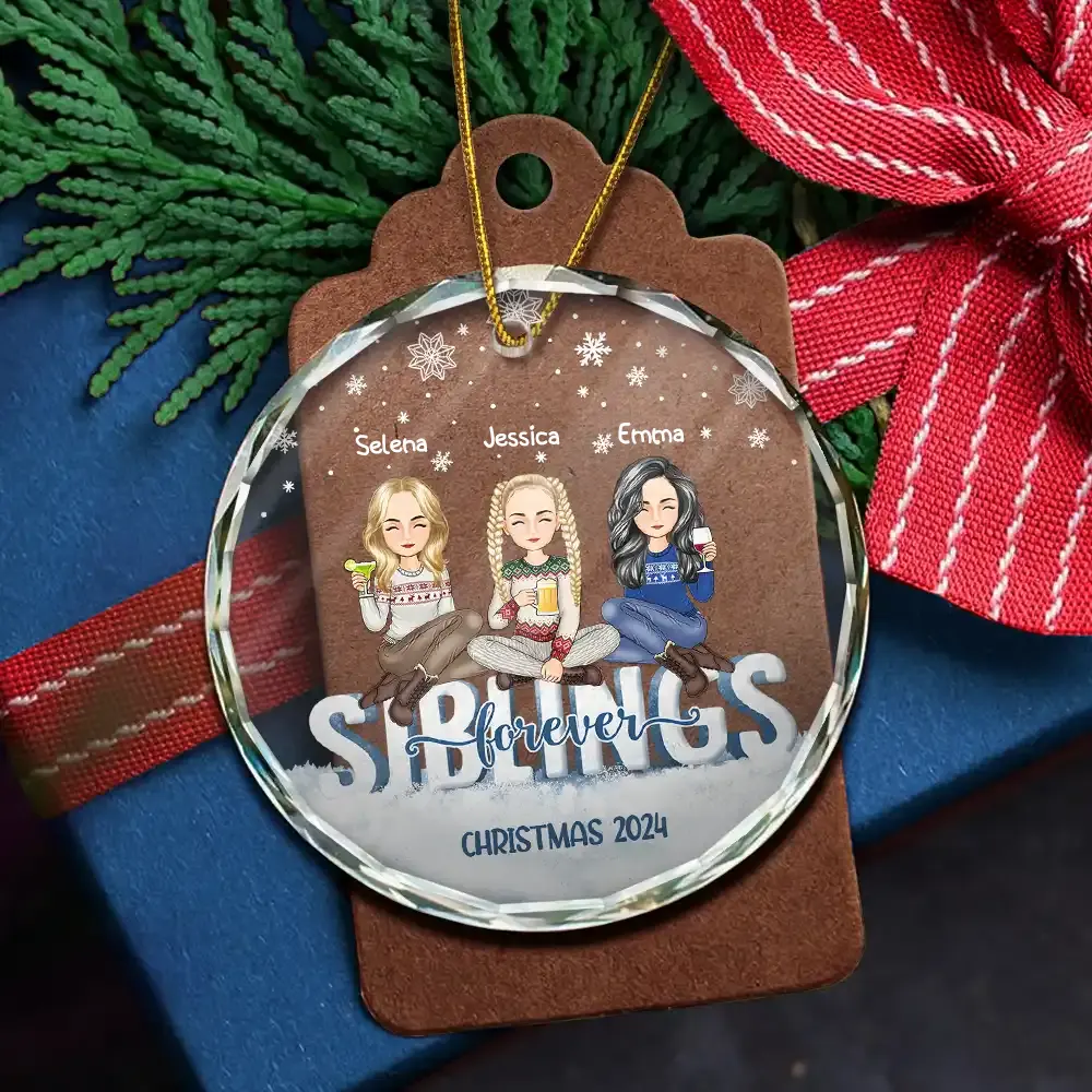 Besties Forever Christmas Sisters Cartoon - Personalized Circle Glass Ornament - Image 5