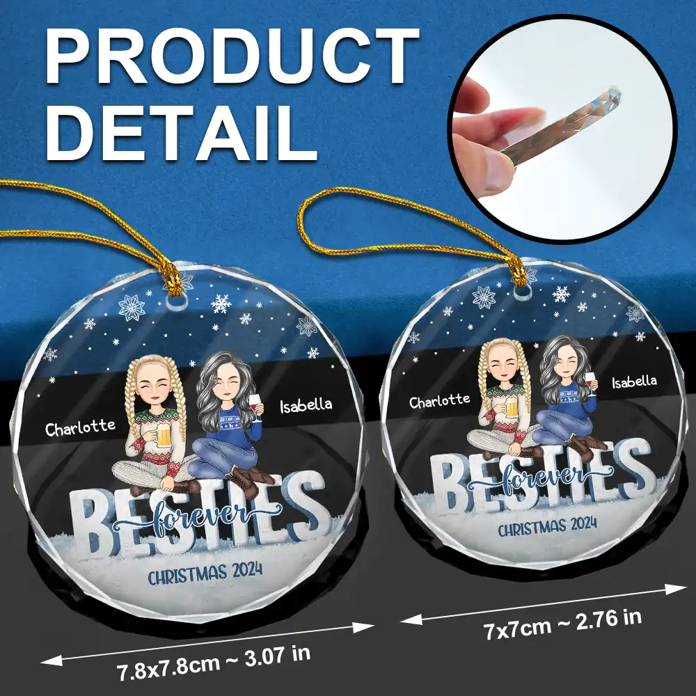 Besties Forever Christmas Sisters Cartoon - Personalized Circle Glass Ornament - Image 6