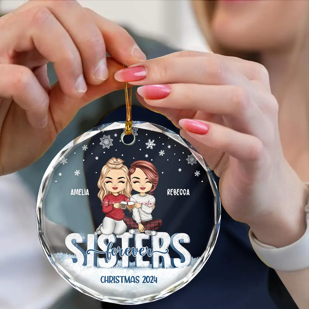 Besties Forever Christmas Sisters Chibi - Personalized Circle Glass Ornament - Image 4