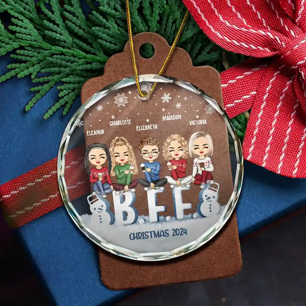 Besties Forever Christmas Sisters Chibi - Personalized Circle Glass Ornament - Image 5